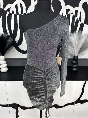 Superdown Silver Metallic One Shoulder Ruched Mini Dress Women’s Small